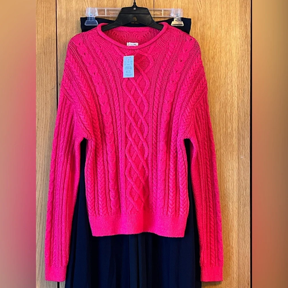 NWT NEW J.Crew J crew Small bright pink crew roll mock neck cable knit sweater